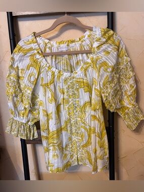 Ramy Brook Yellow & White Floral Peasant Size S Top